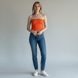 LNA Clothing Tube Top Women's Small Orange Ruched Side Rounded Hem Ribbed NWOT